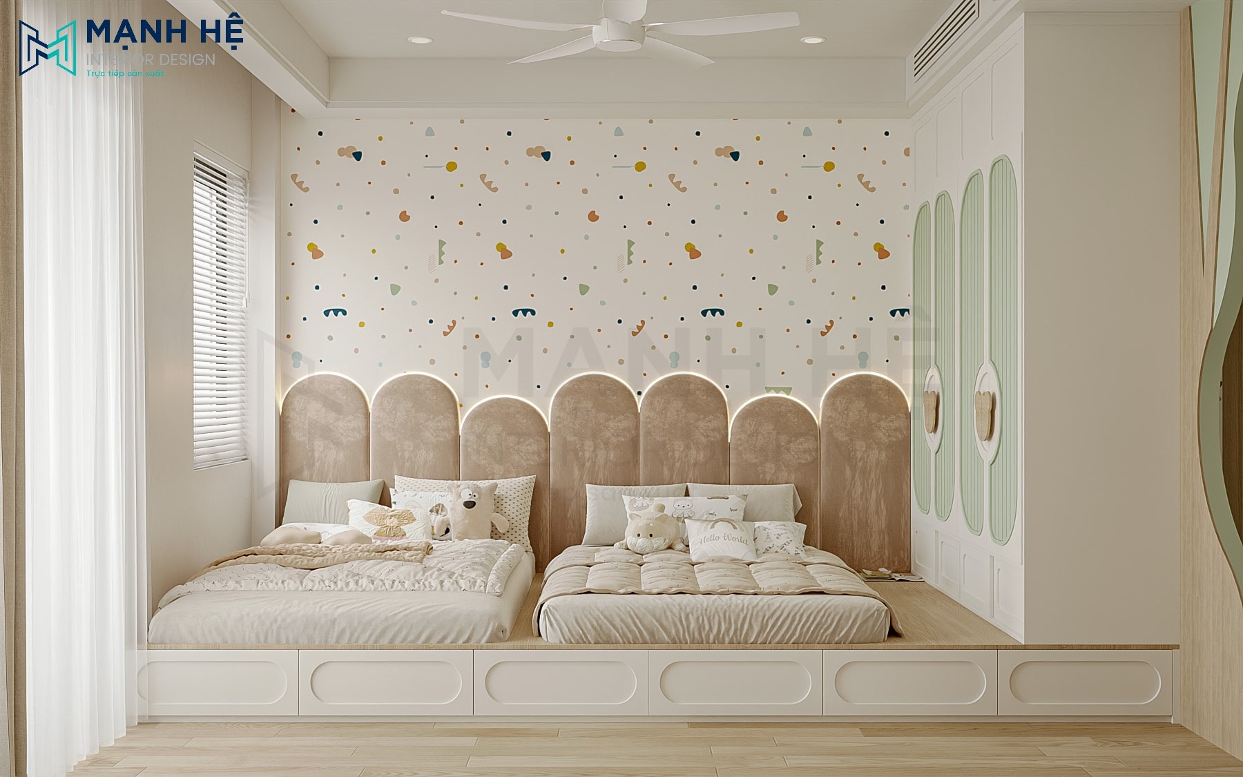 Giải pháp giường bục cho phòng 2 bé, sử dụng vách nệm uốn vòm có đèn LED tạo điểm nhấn êm ái, ấm cúng