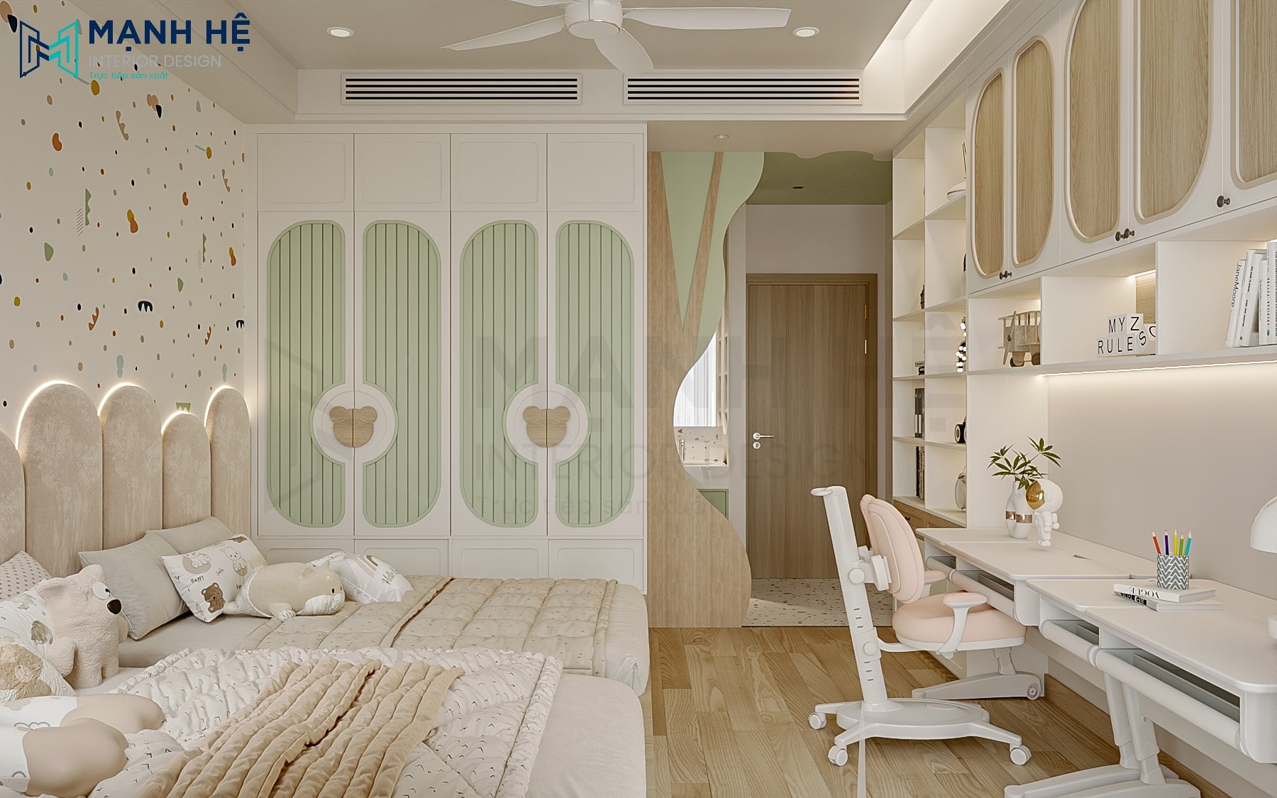 Hệ tủ quần áo kịch trần màu trắng - mint với tay nắm hình gấu, cung cấp không gian lưu trữ lớn và tạo điểm nhấn đáng yêu