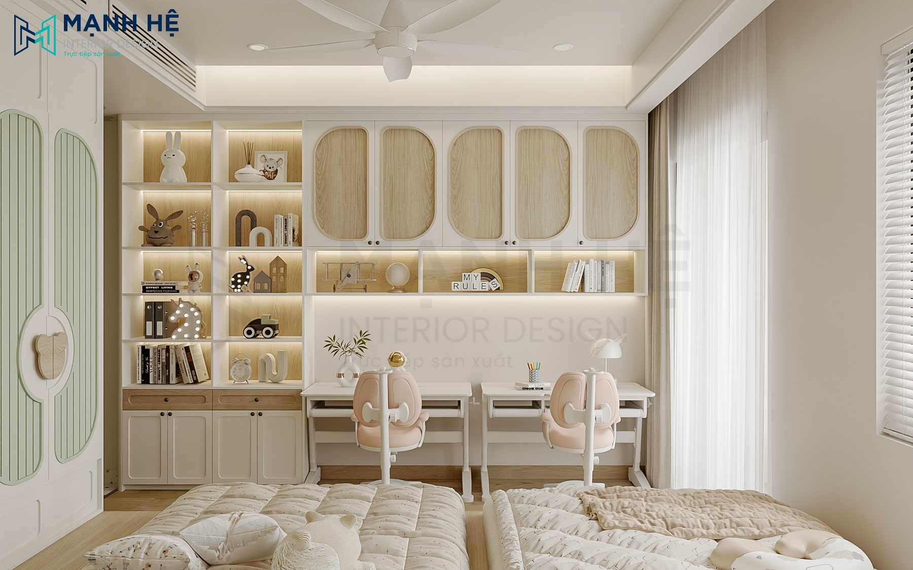 Hệ bàn học đôi kết hợp kệ sách kịch trần, tạo không gian học tập riêng tư và đầy đủ tiện nghi cho cả hai bé