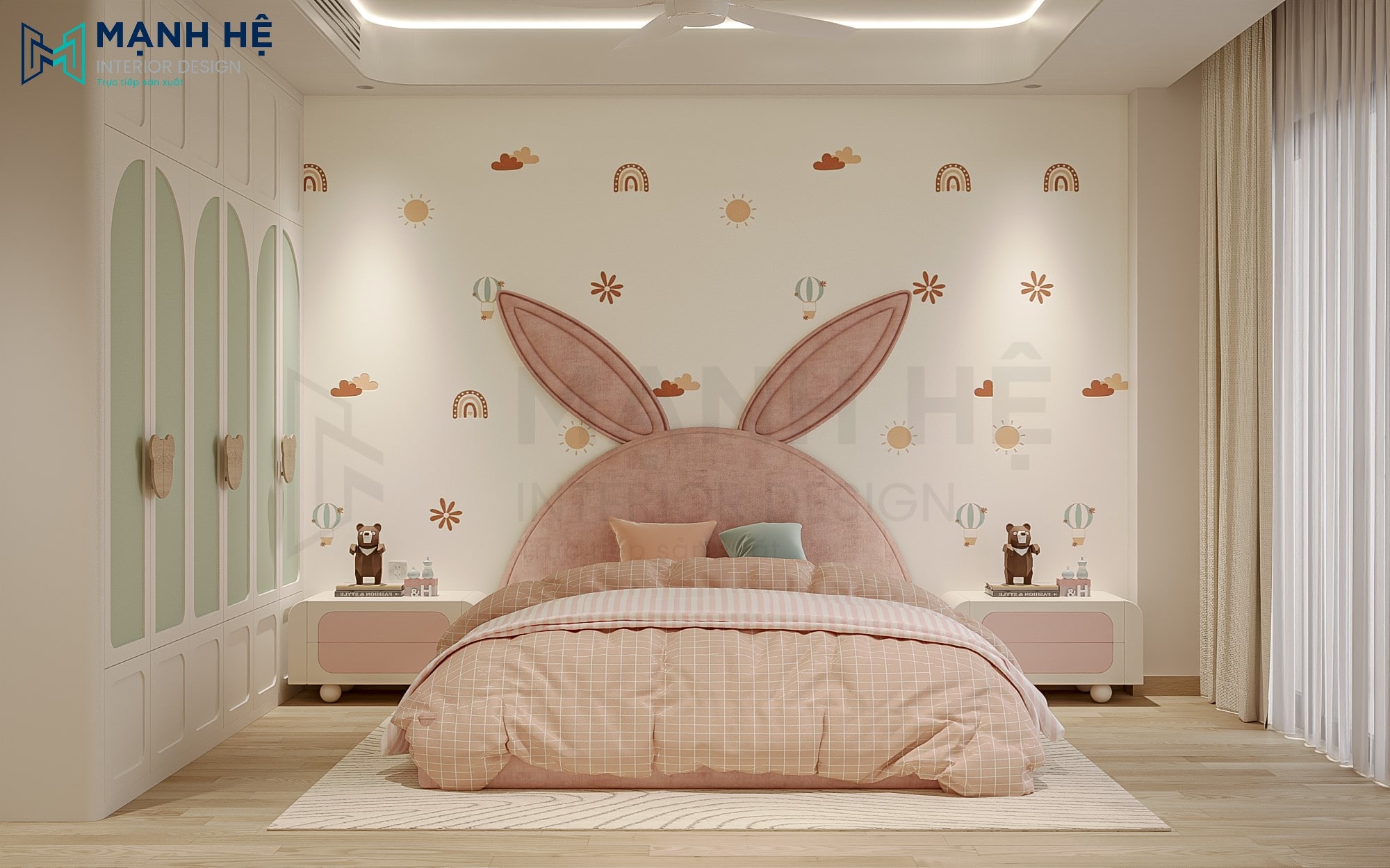 Giường ngủ bọc nệm hồng với vách đầu giường hình tai thỏ, tạo điểm nhấn đáng yêu và kích thích trí tưởng tượng của bé