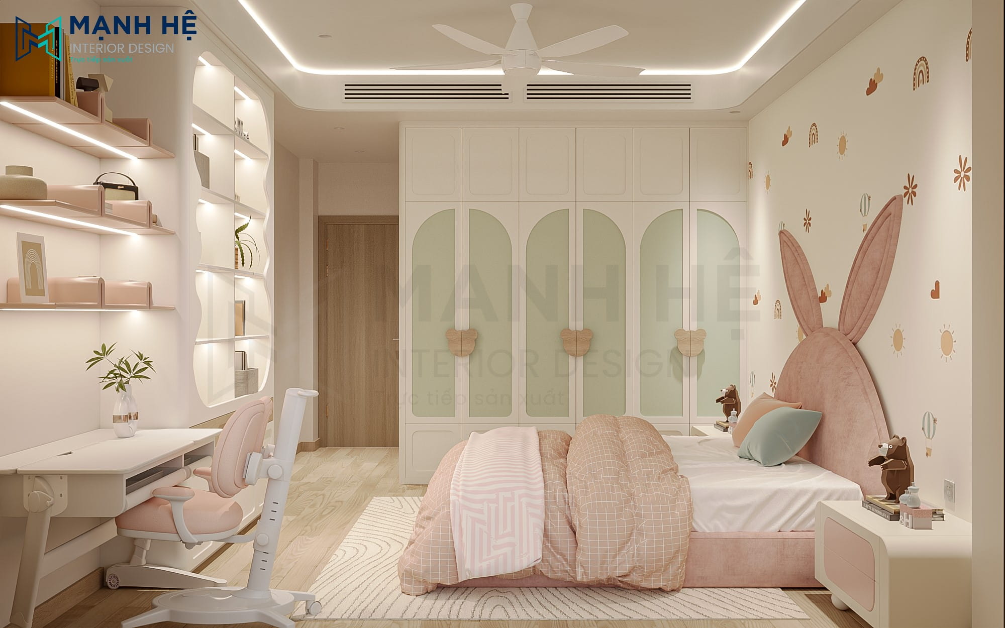 Toàn cảnh phòng ngủ bé gái với tủ quần áo cửa vòm màu mint, đồng bộ phong cách và tăng không gian lưu trữ cho bé