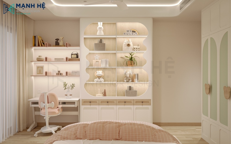 Góc học tập tiện nghi với bàn học đơn giản và hệ kệ trang trí âm tường tích hợp đèn LED hiện đại