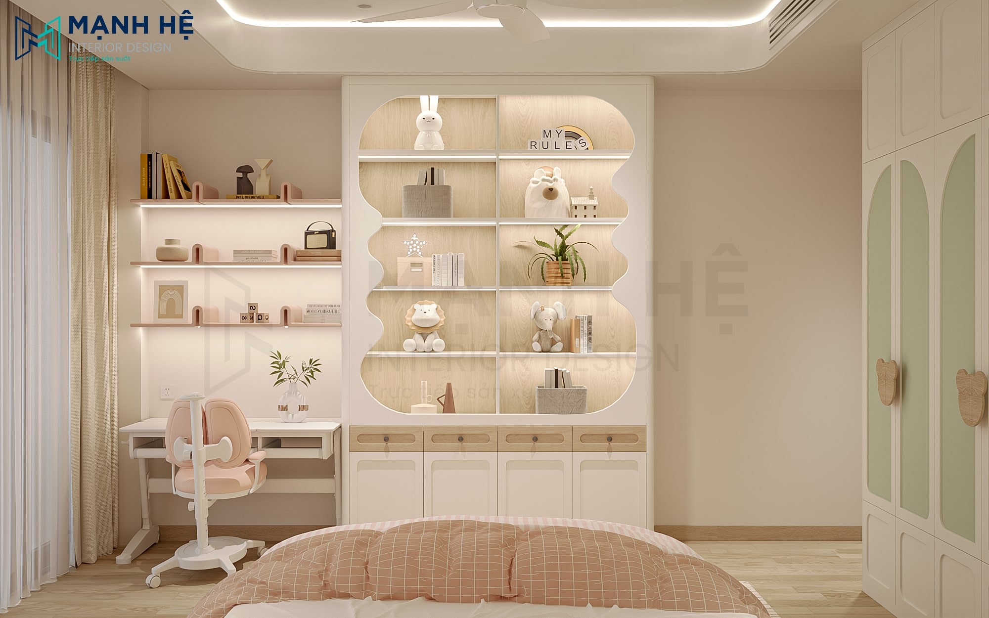 Kệ sách và bàn học được thiết kế lượn sóng độc đáo, giúp khơi gợi sự sáng tạo và yêu thích học tập cho bé