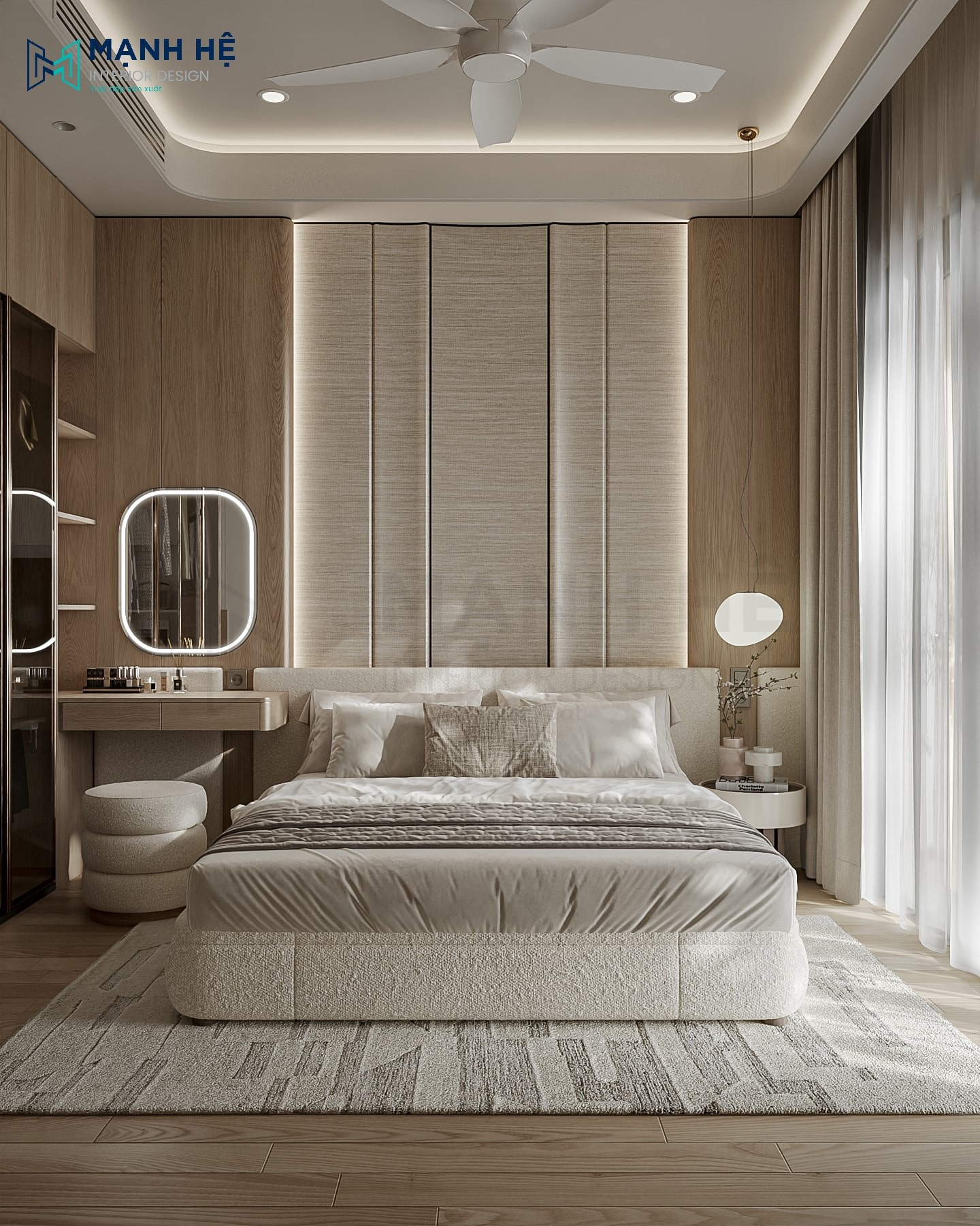 Vách đầu giường phòng ngủ master bọc nệm vải bố, tích hợp đèn LED hắt sáng, tạo điểm tựa êm ái và ánh sáng thư giãn