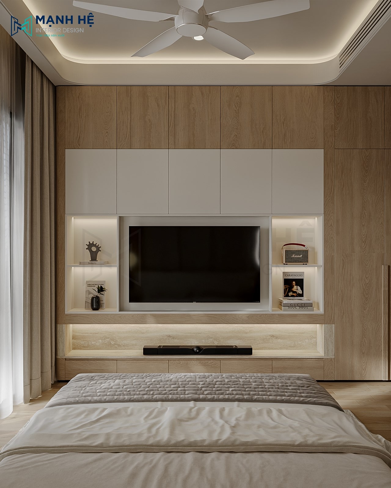 Hệ kệ TV phòng ngủ thiết kế âm tường, sử dụng đèn LED hắt sáng giúp không gian thêm ấm cúng