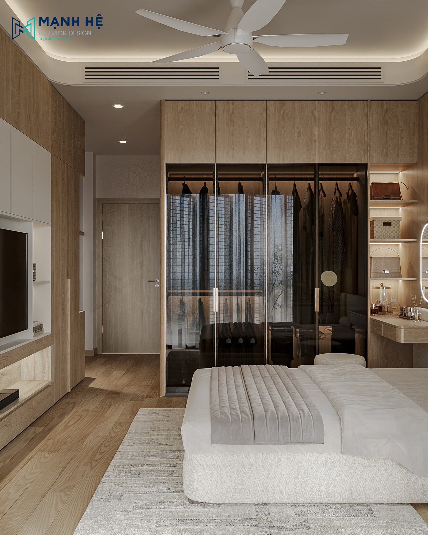 Hệ tủ quần áo kịch trần sử dụng cánh kính khói có đèn, giúp gia chủ dễ dàng tìm kiếm trang phục và tăng vẻ sang trọng