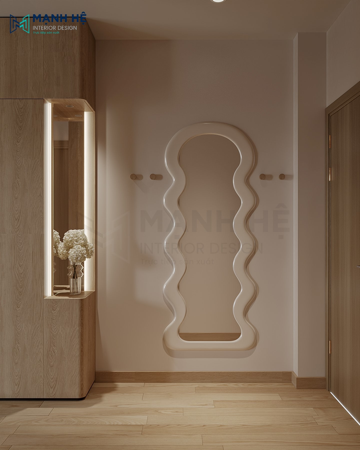 Gương soi toàn thân tạo hình lượn sóng độc đáo, tạo điểm nhấn nghệ thuật và mềm mại cho lối đi