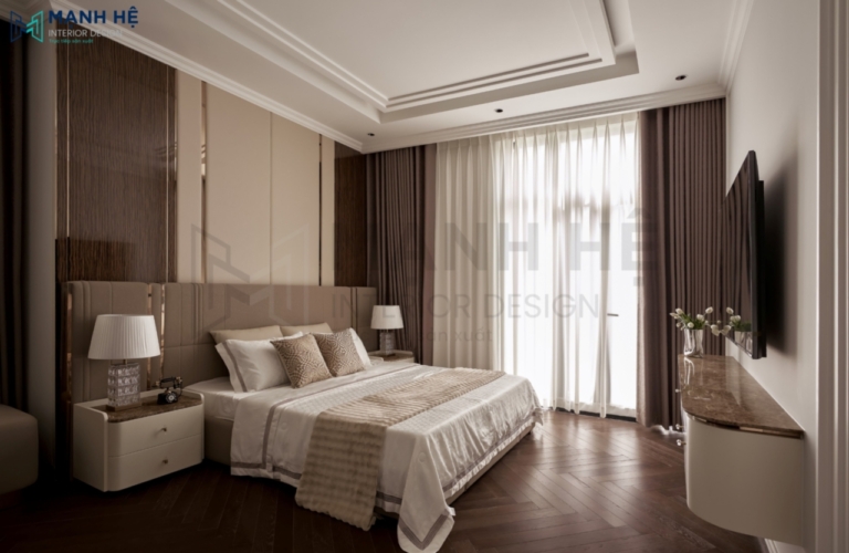 Giường ngủ bọc nệm êm ái kết hợp vách ốp đầu giường cách âm tốt mang lại giấc ngủ ngon và sâu hơn.