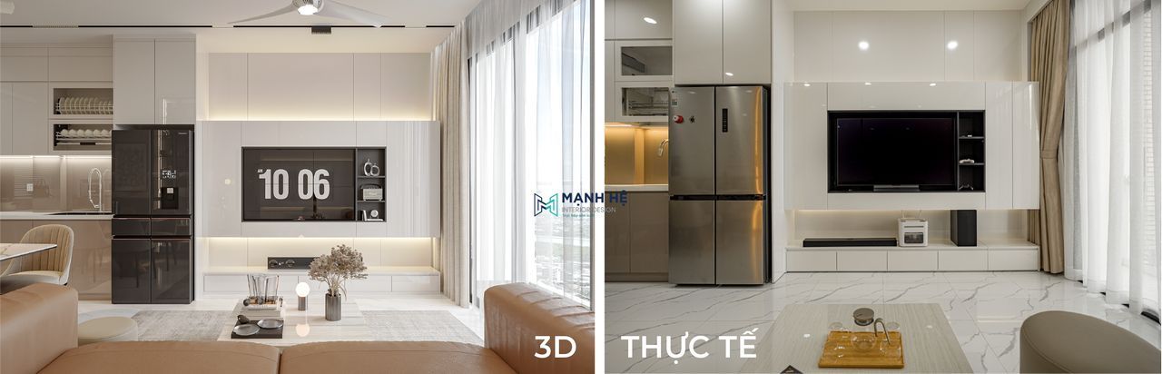 Phòng khách hiện thực hóa trọn vẹn ý tưởng 3D, từ bố cục đến chất liệu, mang đến không gian hiện đại và tiện nghi như mong muốn.