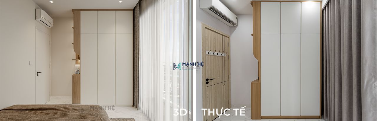 Hệ tủ quần áo kịch trần được thi công chuẩn xác từng đường nét, giúp tối ưu không gian lưu trữ và đảm bảo tính thẩm mỹ.