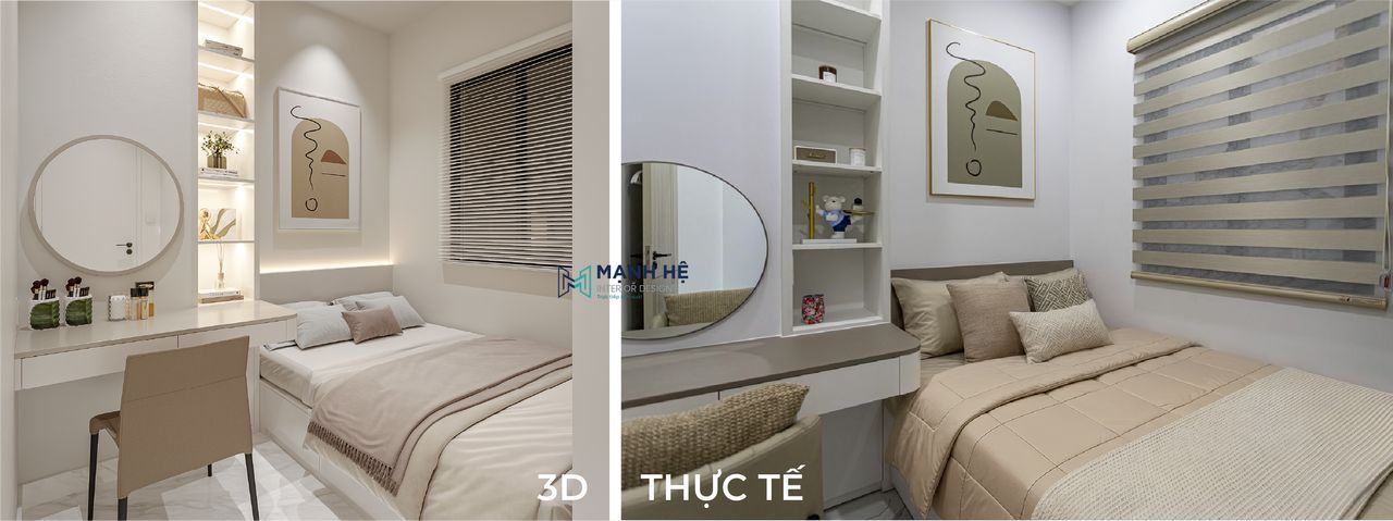 Phòng ngủ chị gái thực tế vẫn giữ được sự ngăn nắp và tối giãn nhờ nội thất được bố trí khoa học, tận dụng triệt để từng góc nhỏ đúng như thiết kế.