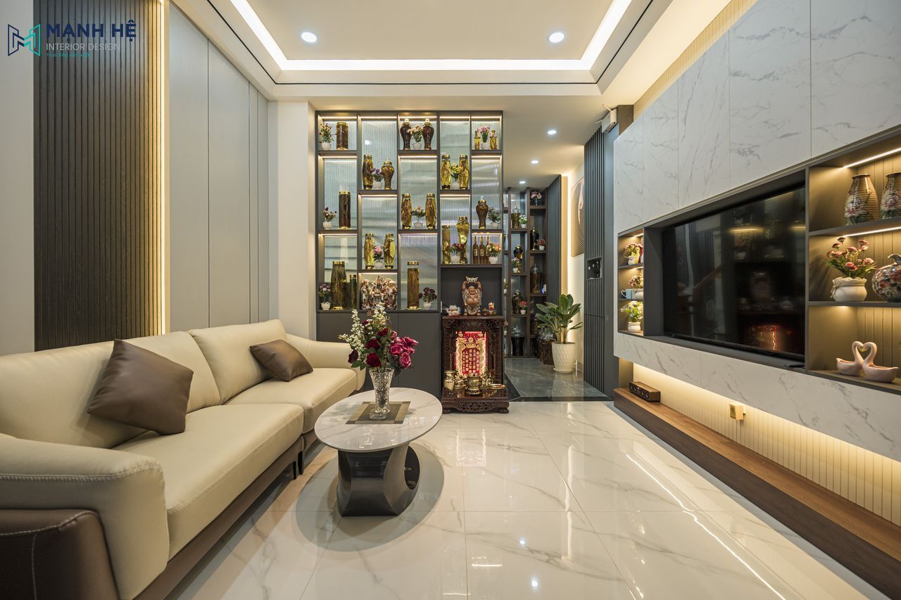 Tổng quan không gian phòng khách được thi công liền mạch, tạo sự kết nối giữa khu vực tiếp khách và sảnh trưng bày