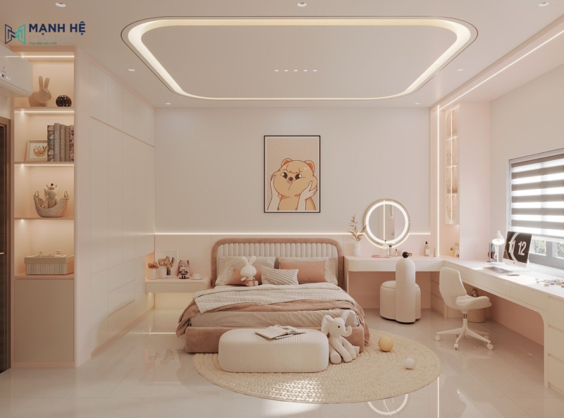 Thiết kế phòng ngủ thông minh cho bé gái với hệ tủ kịch trần tích hợp bàn học đa năng