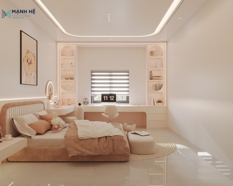 Hệ bàn học dài tích hợp kệ trưng bày âm tường giúp tối ưu không gian học tập và trang trí cho bé