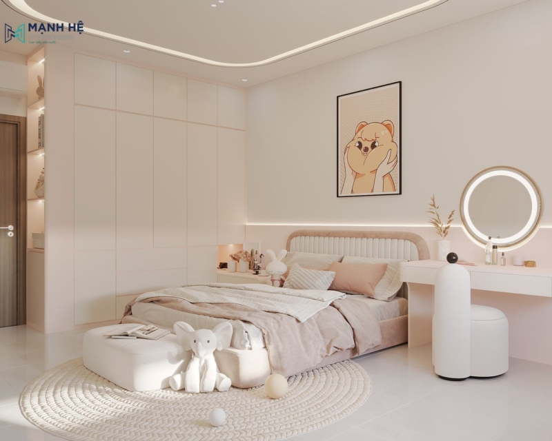 Thiết kế bàn trang điểm liền kề giường ngủ với đường nét bo tròn mềm mại tạo điểm nhấn nữ tính