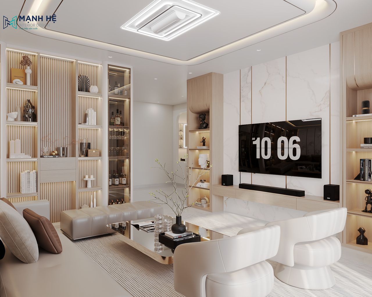 Không gian phòng khách hiện đại mix luxury với gam màu trắng – gỗ nâu sáng, tạo cảm giác sang trọng và ấm cúng.