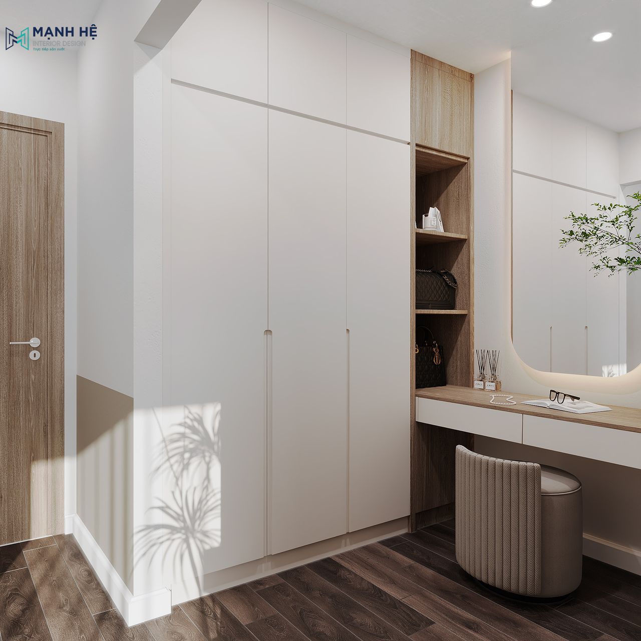 Hệ tủ quần áo kịch trần kết hợp liền mạch với góc trang điểm, đảm bảo sự tiện nghi tối đa mà vẫn giữ được nét thanh lịch, gọn gàng.