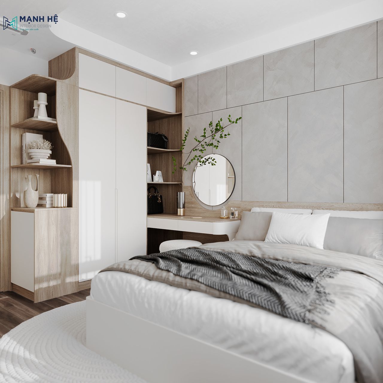 Góc bàn trang điểm gọn gàng với gương tròn treo tường, mang lại cảm giác nhẹ nhàng và tiện nghi khi sử dụng.