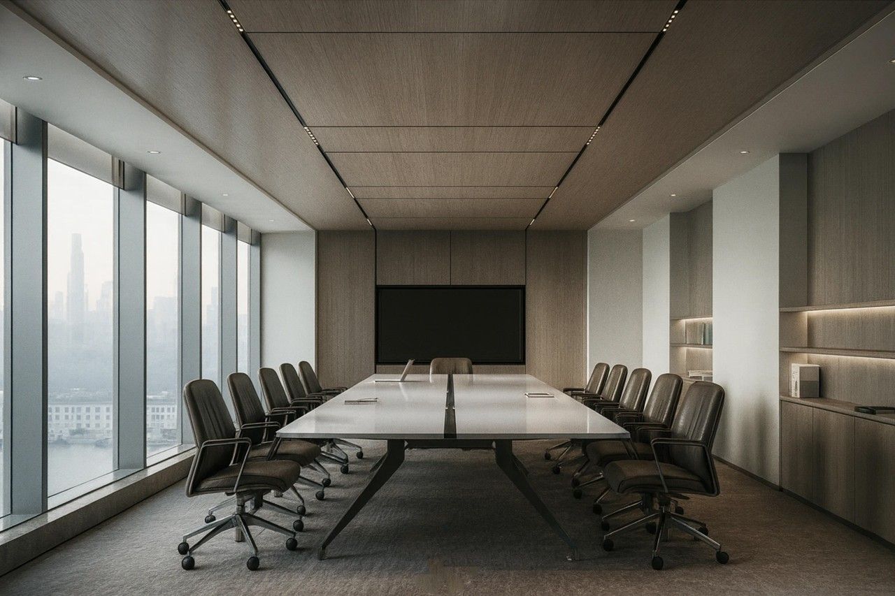 Phòng họp được thiết kế sang trọng, tích hợp đầy đủ thiết bị công nghệ hiện đại phục vụ cho các buổi thảo luận chiến lược.