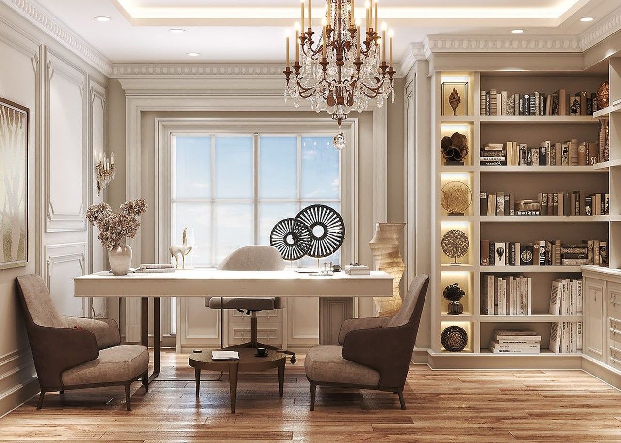 Thiết kế phòng làm việc giám đốc tân cổ điển với đường phào chỉ tinh tế và họa tiết cổ điển.
