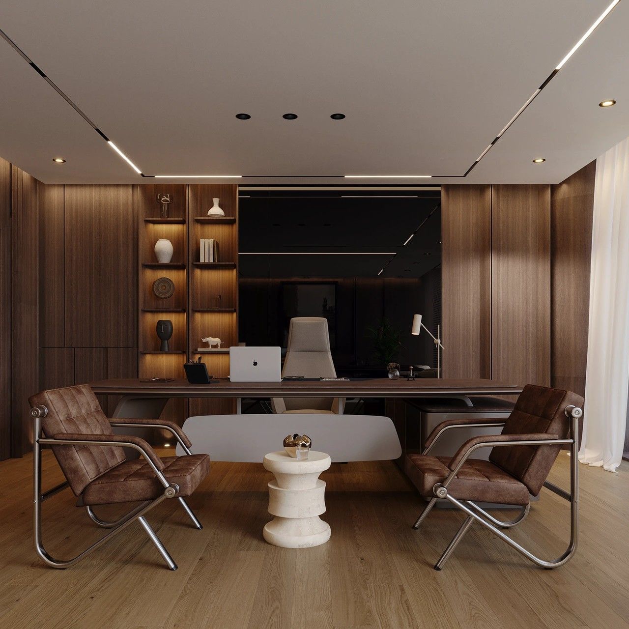 Thiết kế phòng làm việc giám đốc hiện đại với bàn gỗ công nghiệp cao cấp và sang trọng.