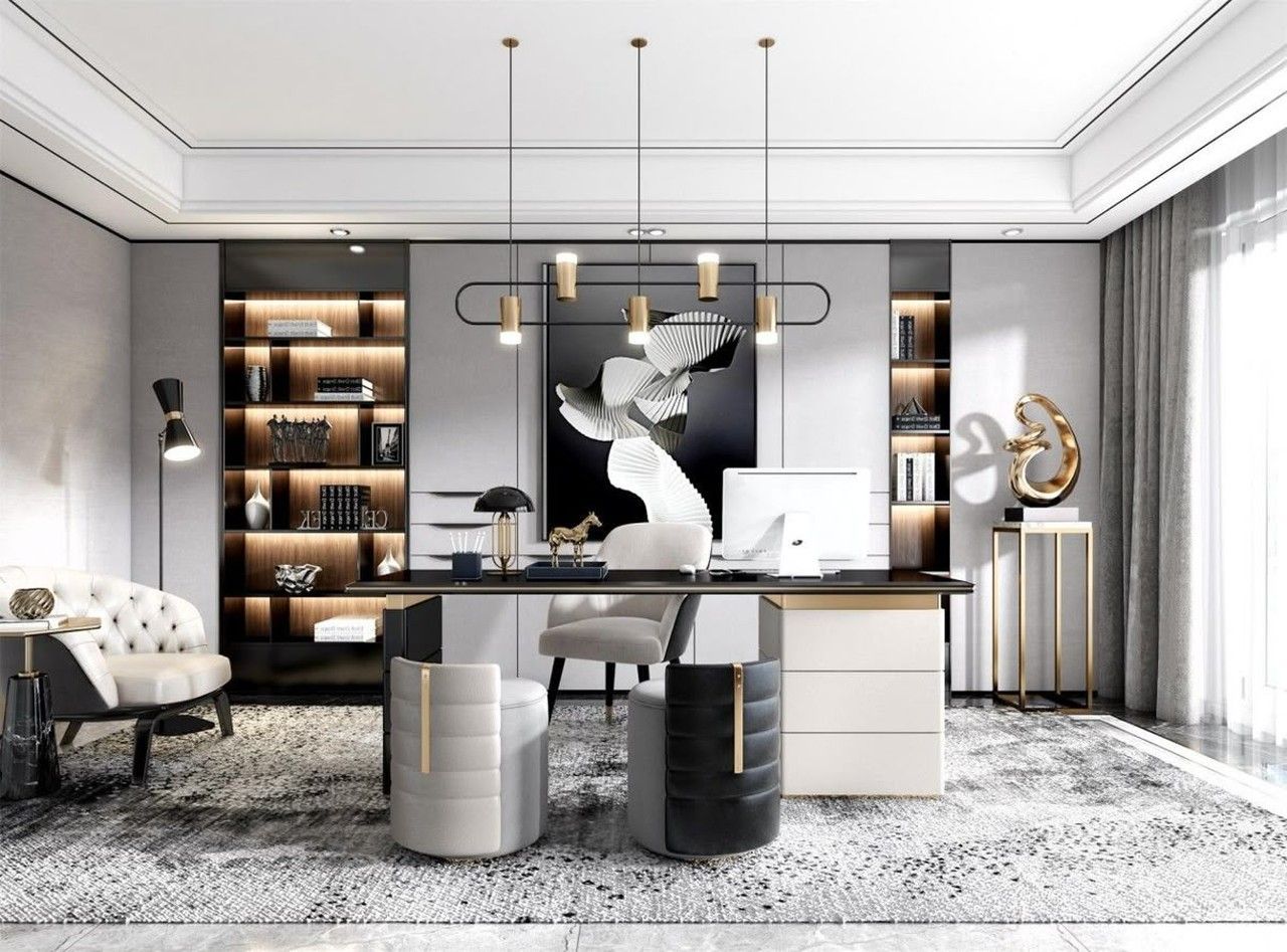 Phòng làm việc tổng giám đốc sang trọng với tông màu trắng xám chủ đạo