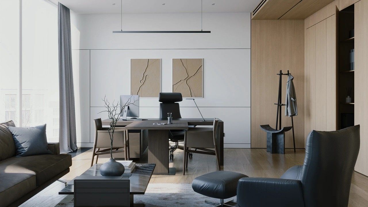 Không gian phòng làm việc giám đốc hiện đại với tông màu trắng be thanh lịch và tinh tế.