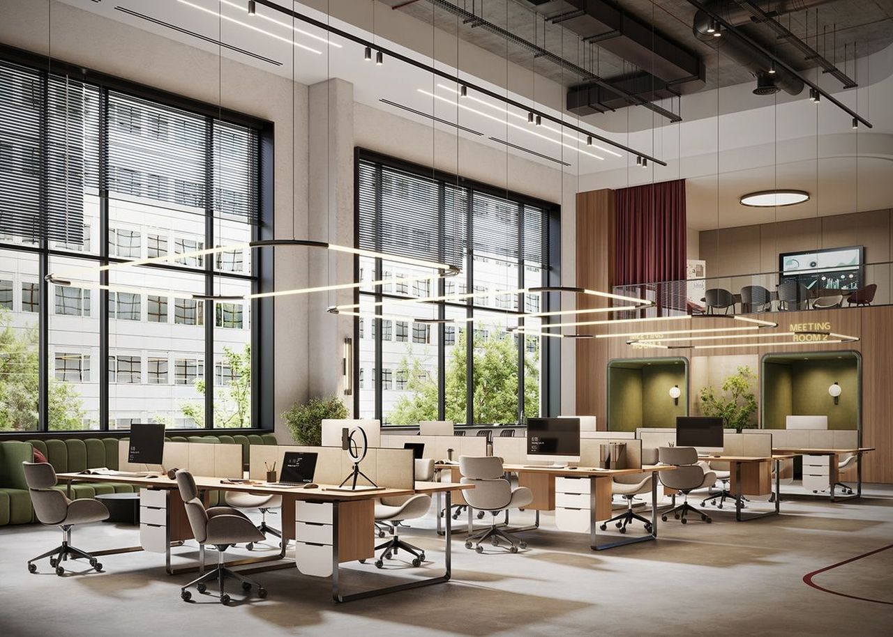 Văn phòng được thiết kế với phong cách công nghiệp đầy cá tính, mạnh mẽ