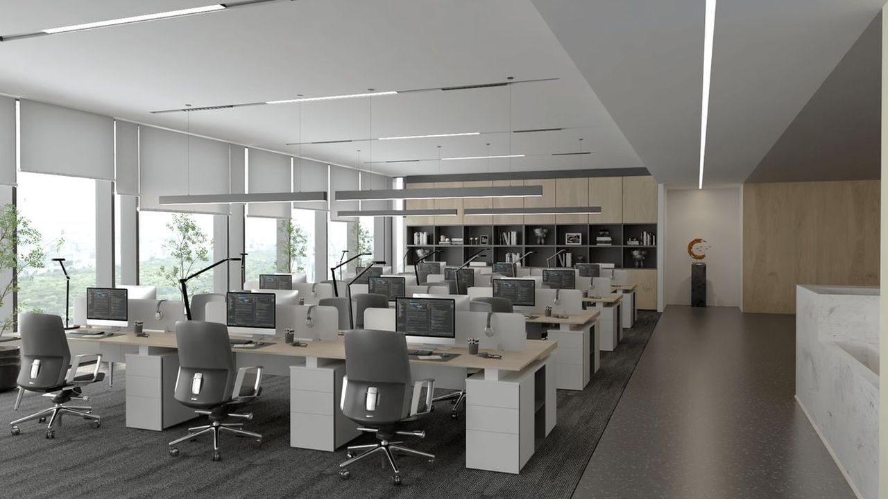 Mẫu văn phòng hiện đại 300m2 với tone màu trung tính trắng - xám sang trọng