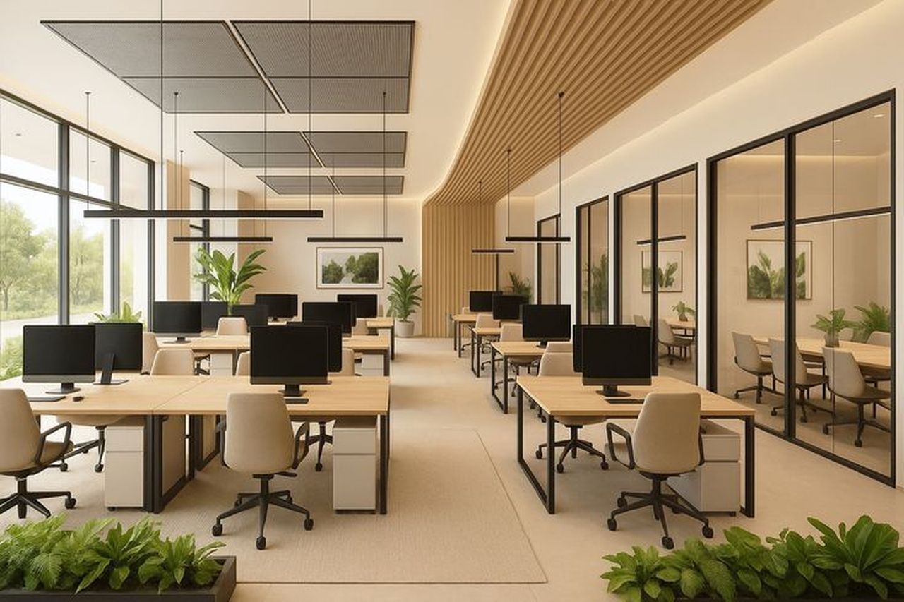 Thiết kế văn phòng hiện đại sử dụng nội thất gỗ công nghiệp 