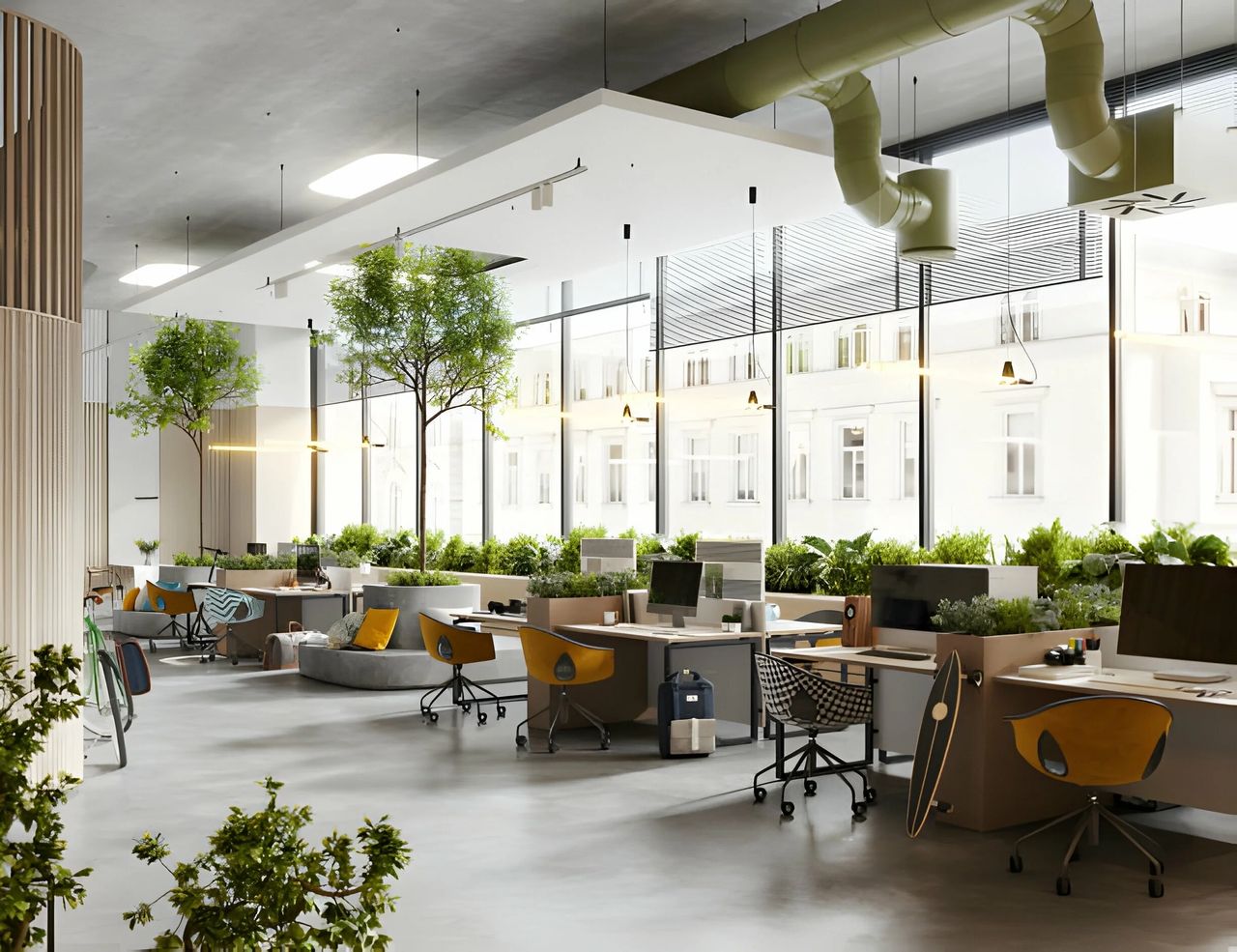 Không gian làm việc bố trí thêm cây xanh giúp giải tỏa căng thẳng trong quá trình làm việc