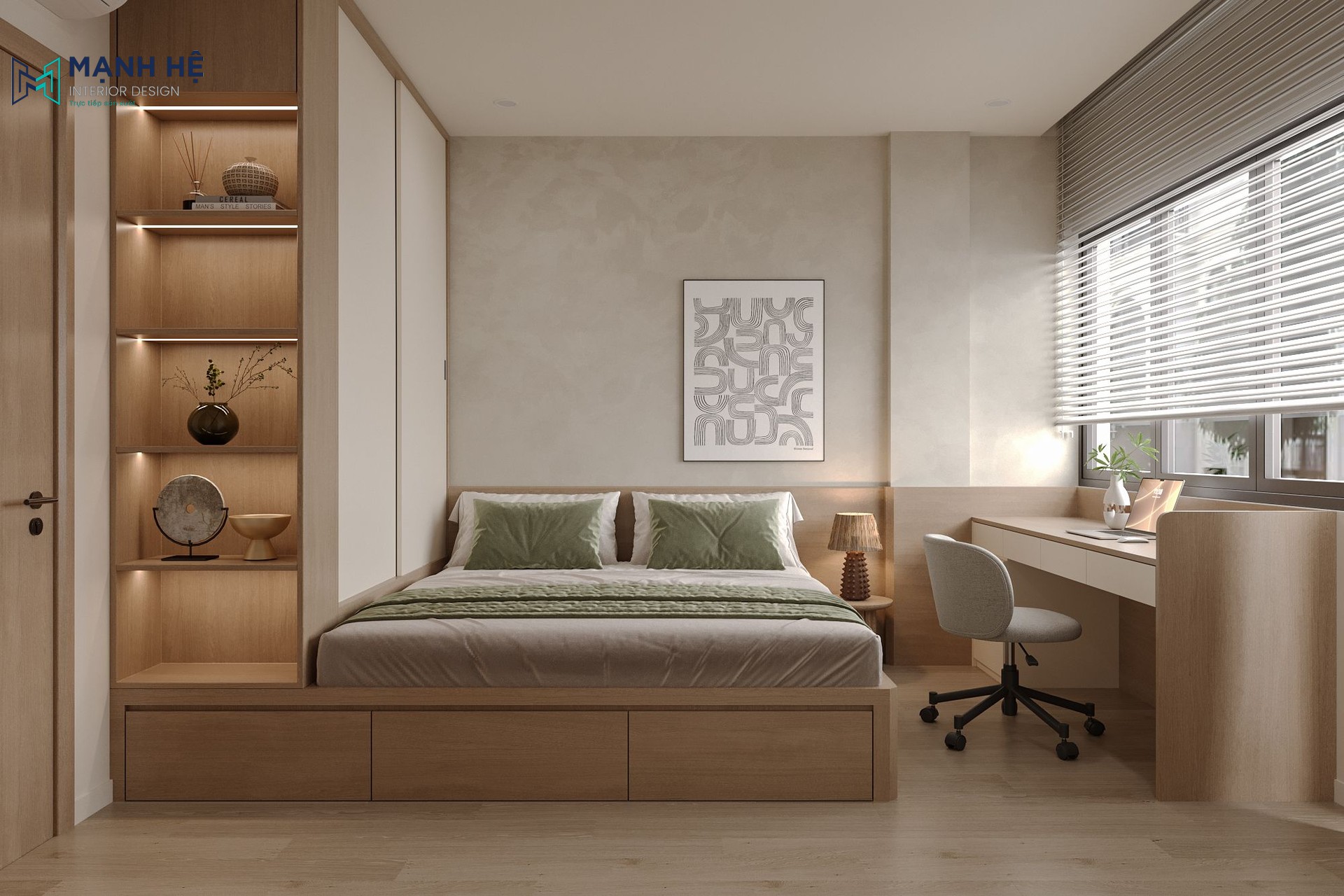 Tổng thể phòng ngủ phối hợp hài hòa giữa tông màu trung tính và ánh sáng tự nhiên, mang lại cảm giác nghỉ ngơi bình yên, thư thái.