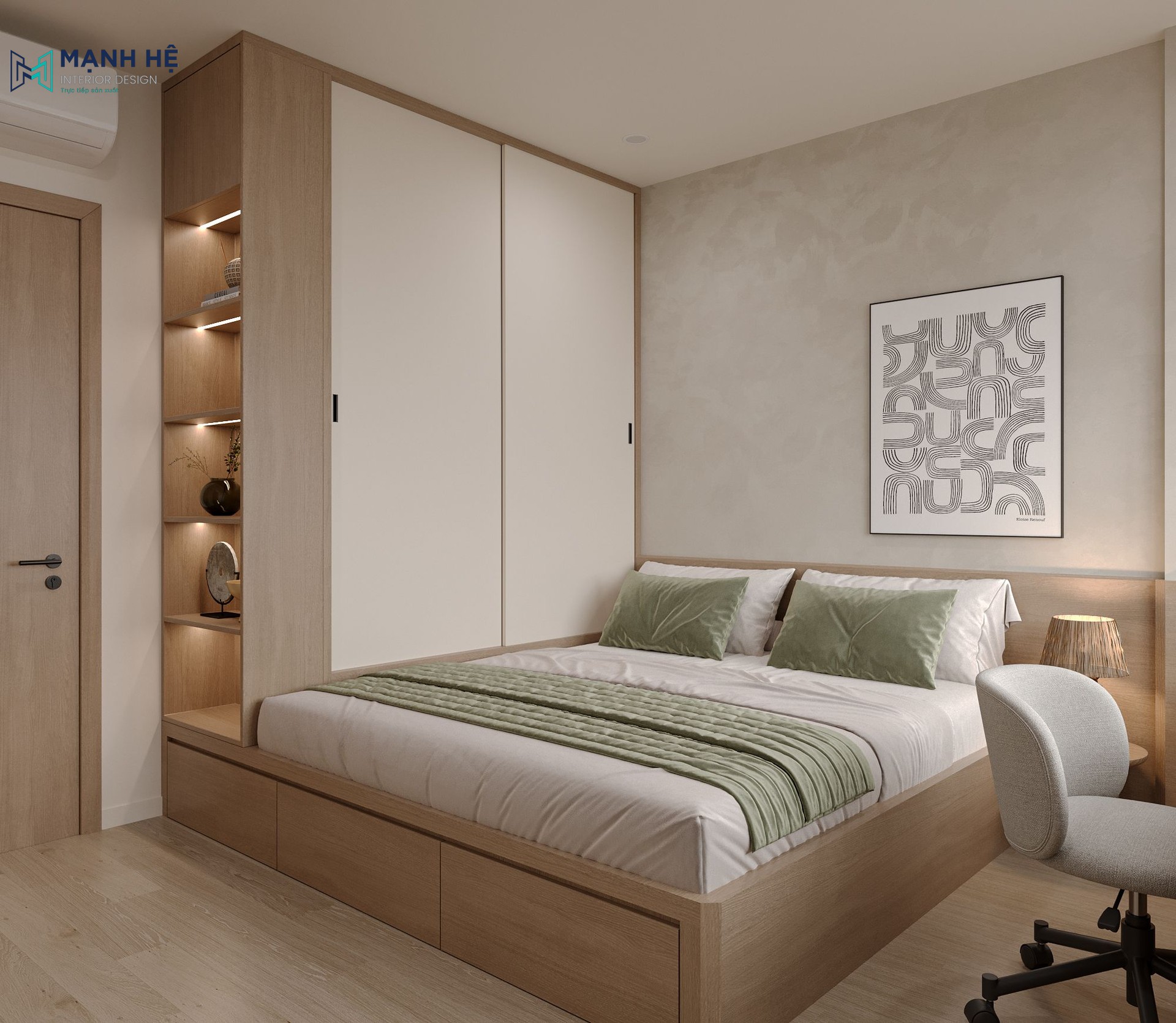 Hệ tủ quần áo thiết kế kịch trần vừa tối ưu khả năng lưu trữ vừa đảm bảo sự liền mạch cho căn phòng.