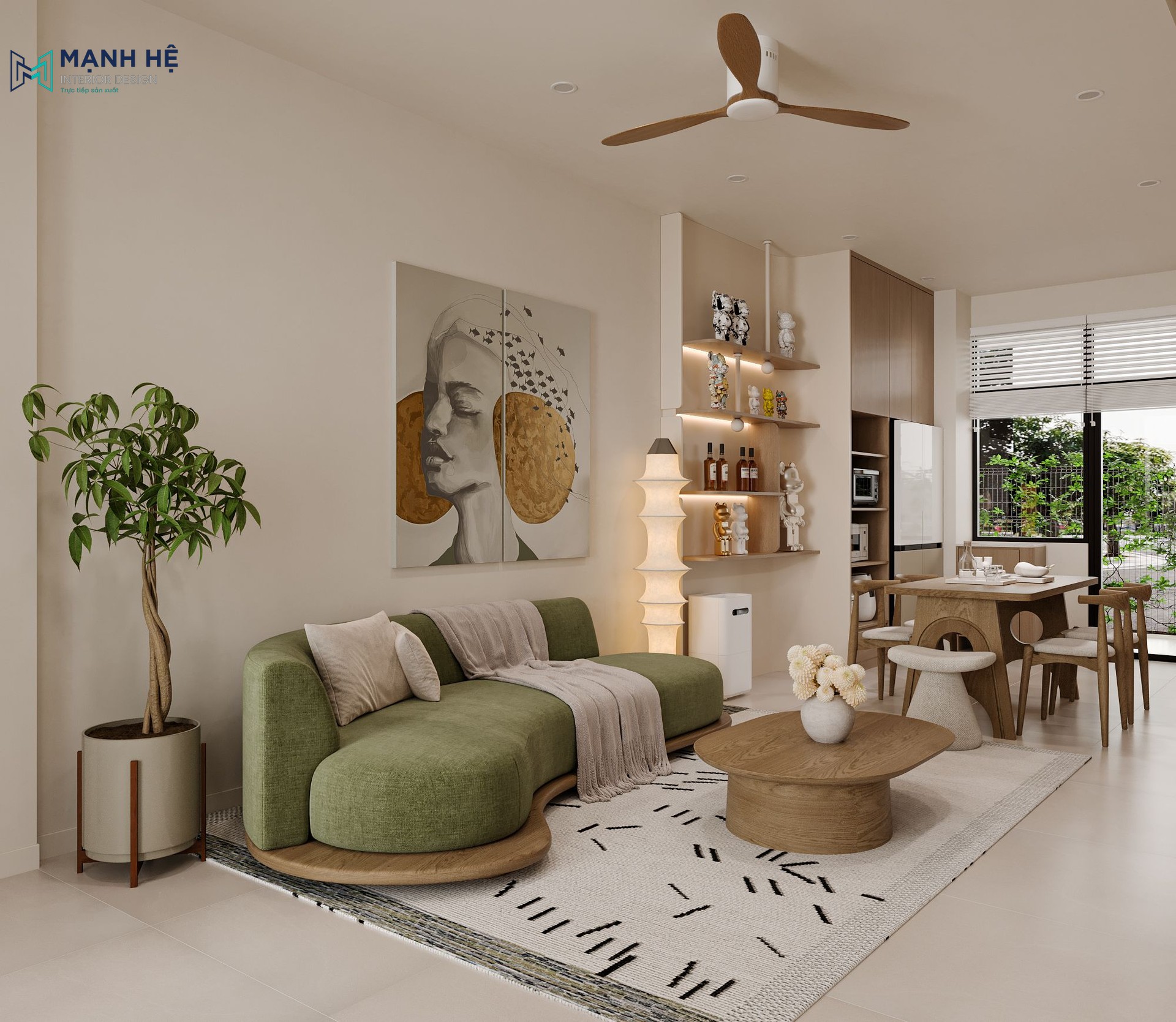 Phòng khách nổi bật với bộ sofa màu rêu bo cong mềm mại và tranh treo tường nghệ thuật, tạo điểm nhấn đầy sức sống cho ngôi nhà.