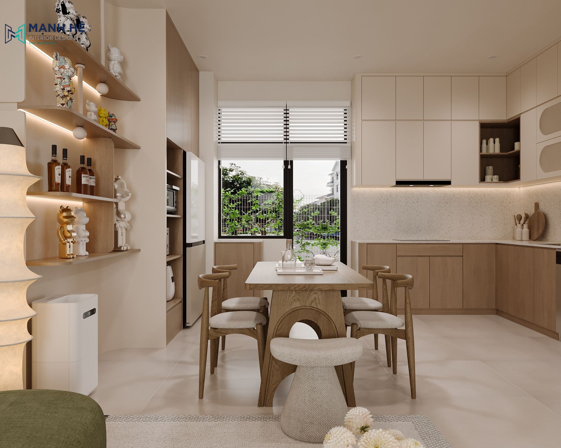 Khu vực bếp ăn ấm cúng với hệ tủ chữ L kịch trần và bộ bàn ghế gỗ tự nhiên mộc mạc, tạo không gian sum vầy trọn vẹn cho gia đình.