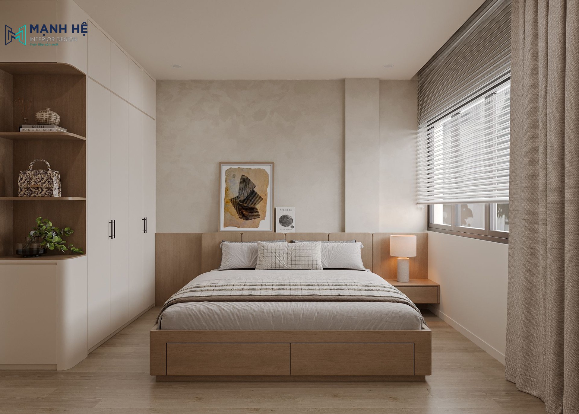  Phòng ngủ master với sự kết hợp hài hòa giữa gam màu trung tính và ánh sáng tự nhiên, mang lại không gian nghỉ ngơi thư thái, dễ chịu.