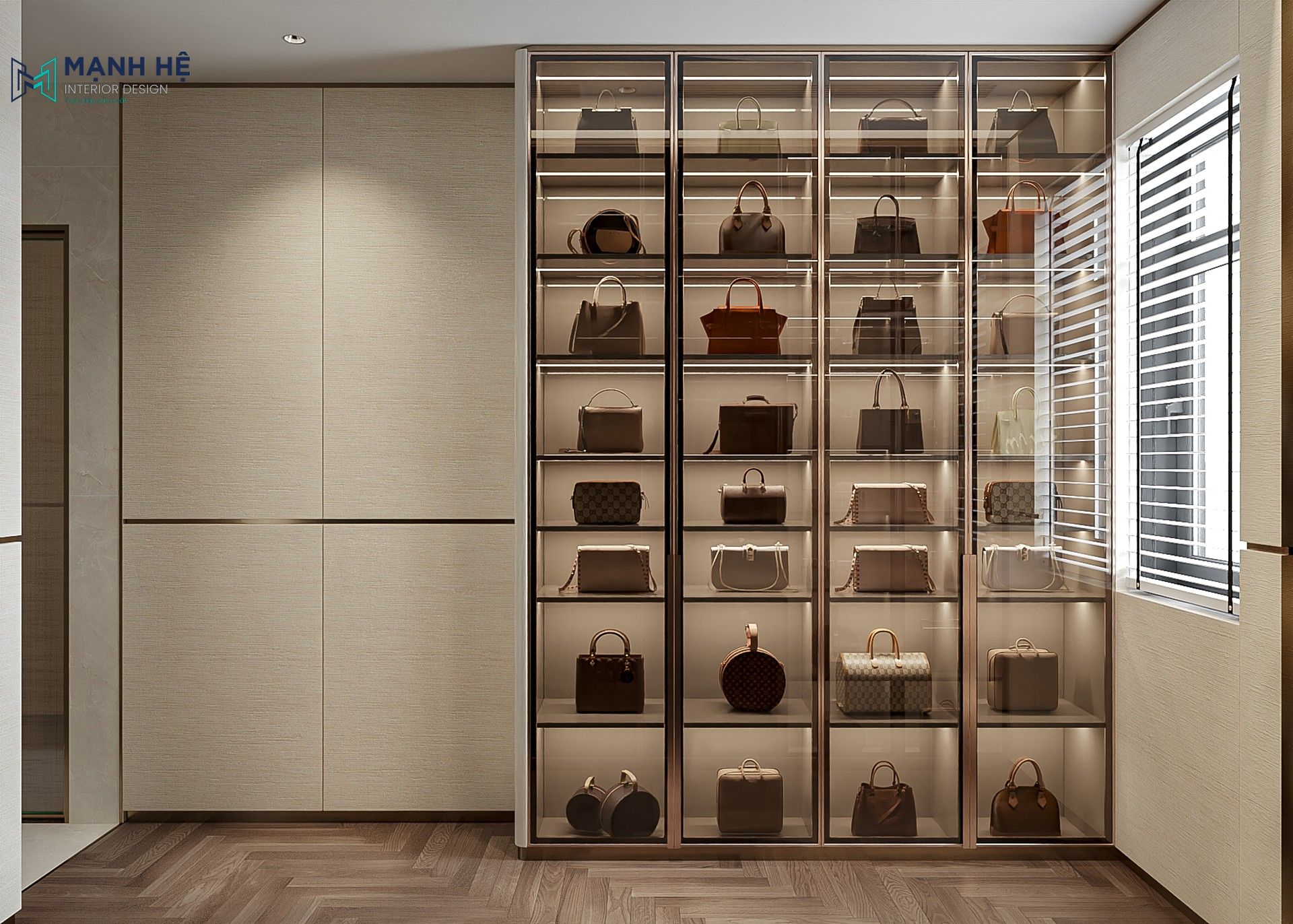 Hệ tủ trưng bày túi xách cao cấp trong phòng thay đồ Amelia Villa.