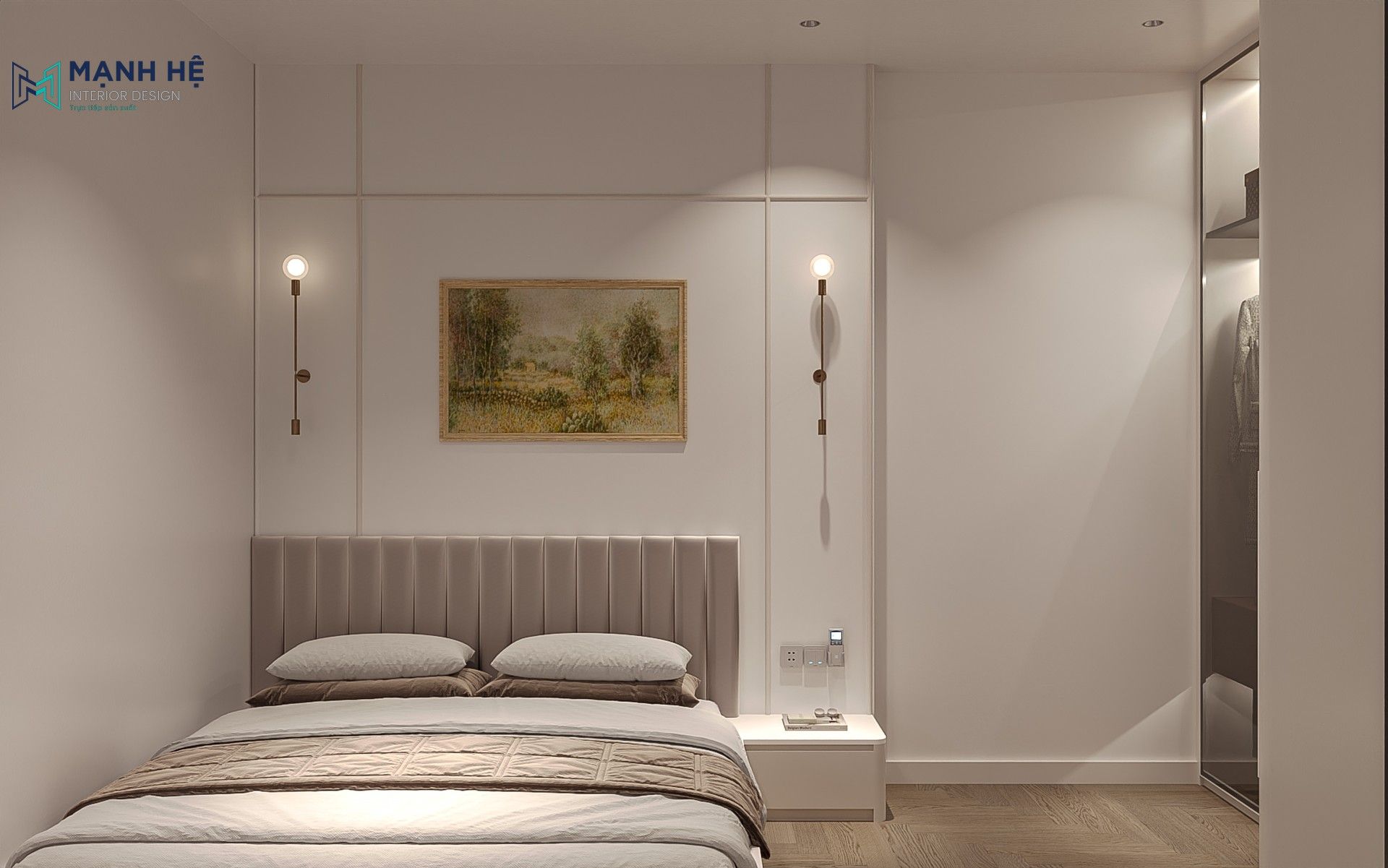 Thiết kế nội thất phòng ngủ nhỏ nhà phố hiện đại với tông màu trắng sáng.