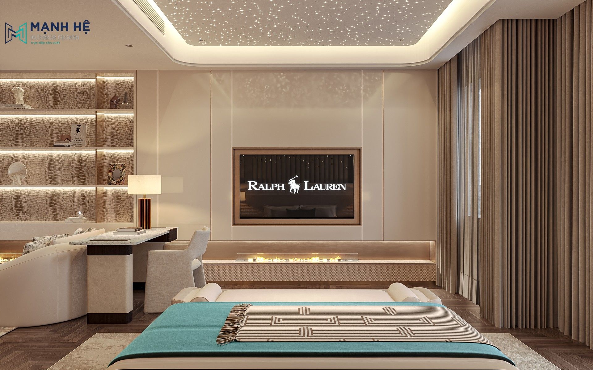 Không gian phòng ngủ master sang trọng với hệ đèn LED tinh tế và nội thất cao cấp.