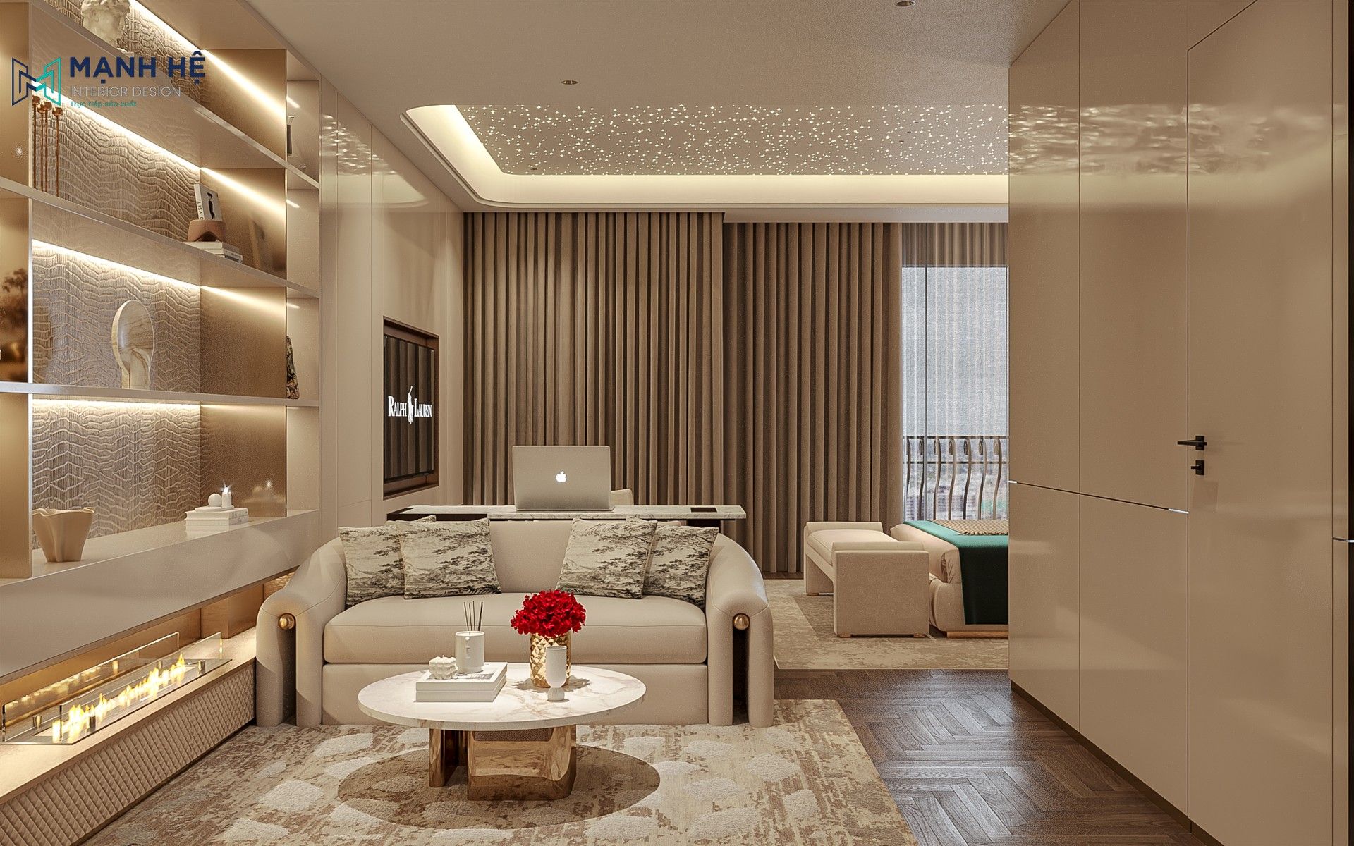 Góc thư giãn trong phòng ngủ master với sofa bọc nỉ và bàn trà mặt đá.