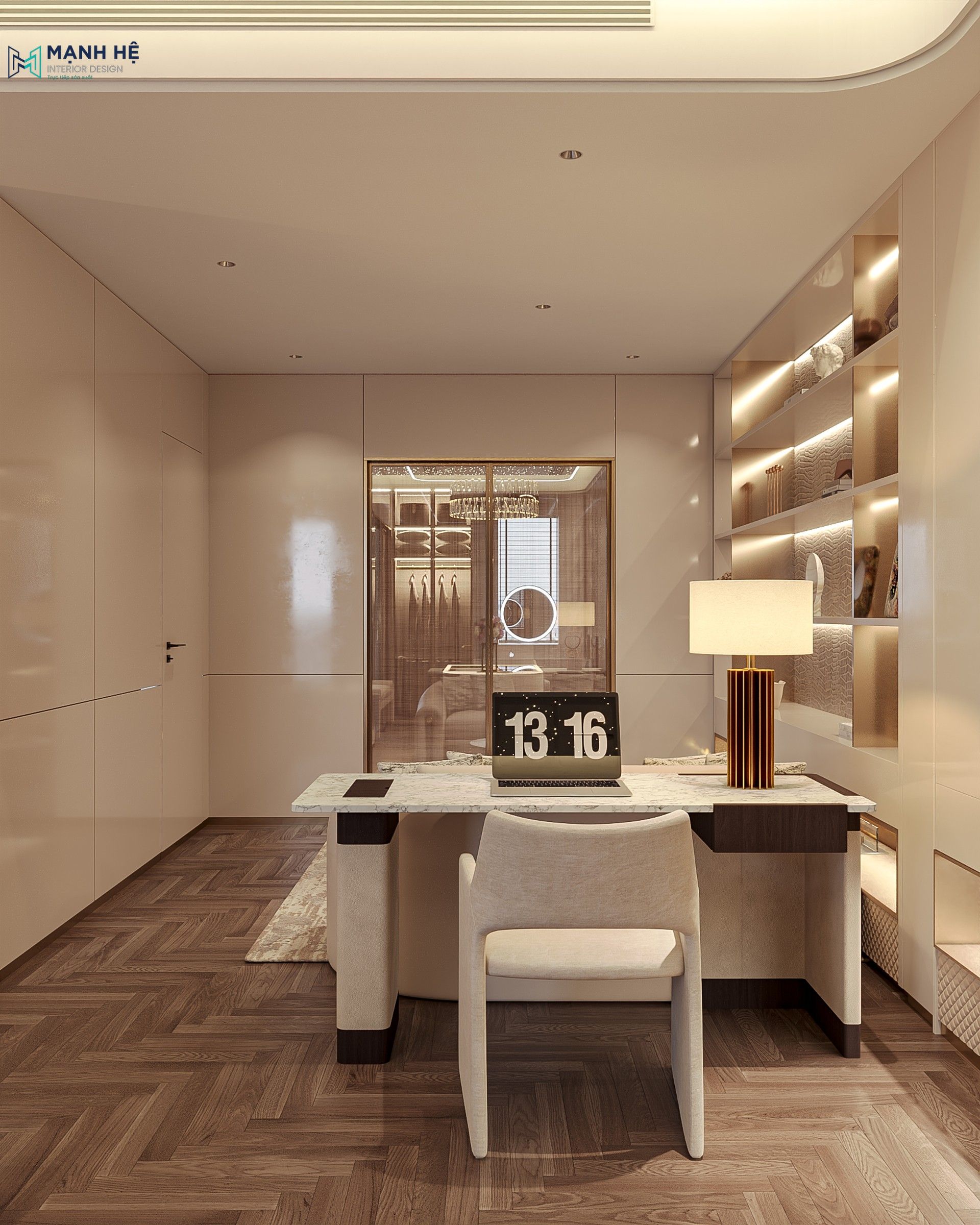 Thiết kế bàn làm việc trong phòng ngủ master với phong cách Modern Luxury.