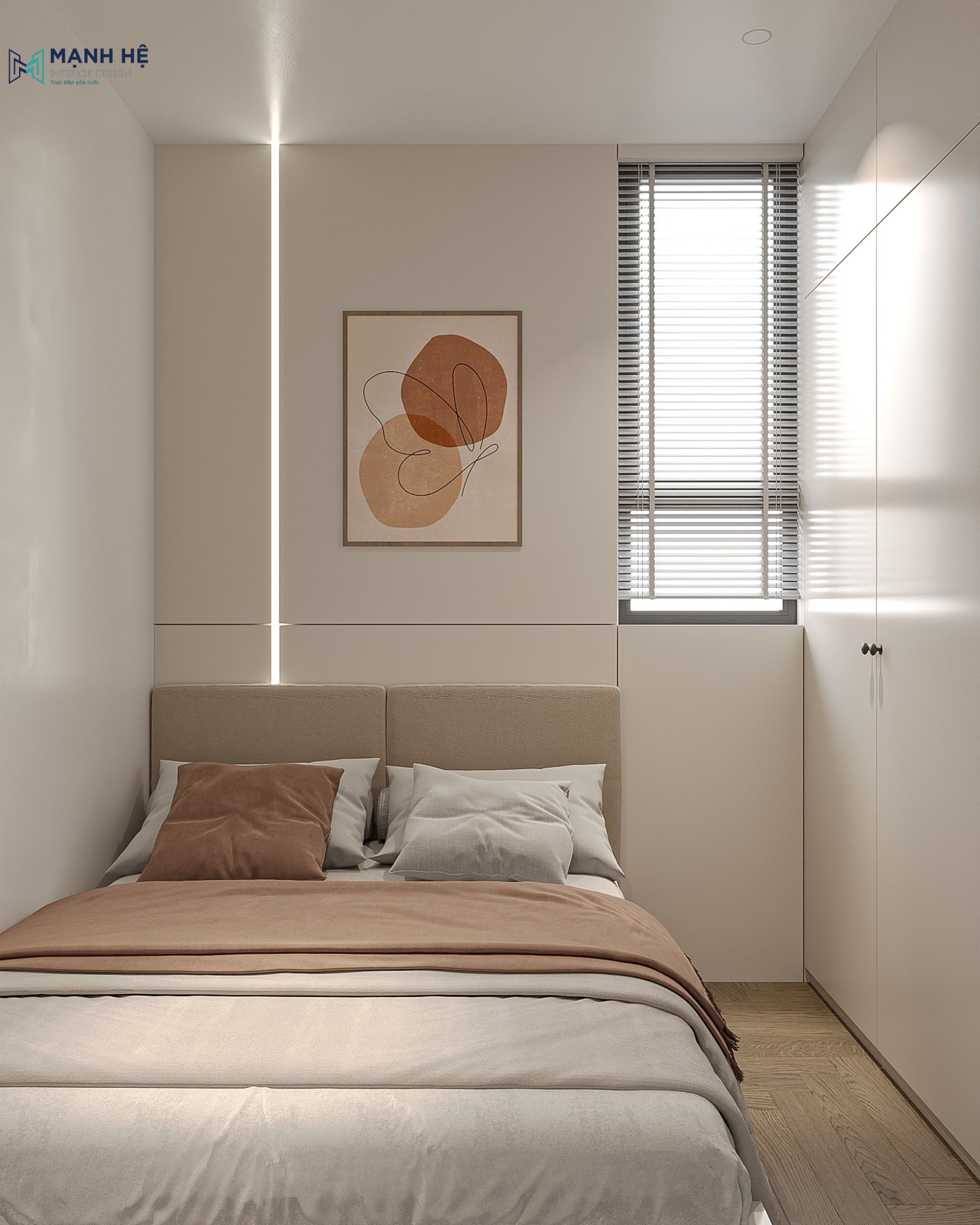 Điểm nhấn tranh nghệ thuật và hệ đèn hắt tường tinh tế giúp căn phòng nhỏ trở nên sinh động và ấm cúng hơn.