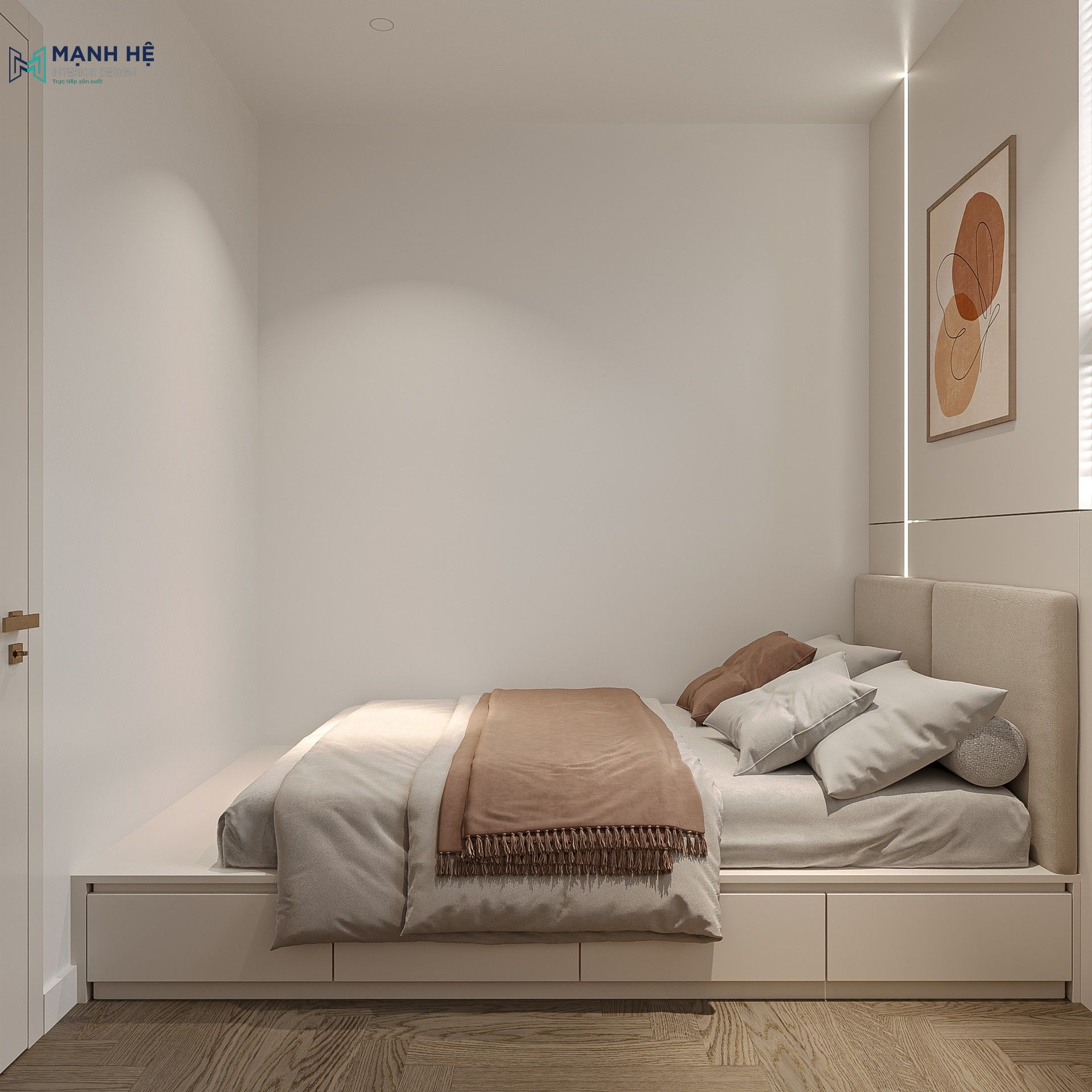 Thiết kế phòng ngủ giường bục thông minh tích hợp ngăn kéo lưu trữ tiện lợi.