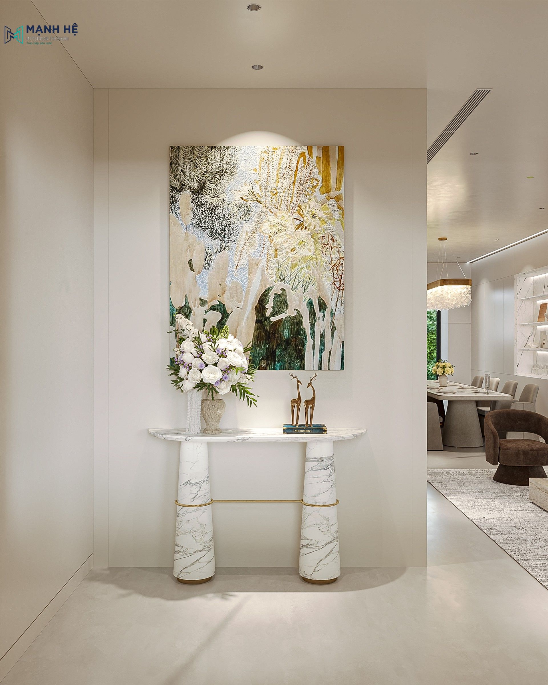 Thiết kế sảnh đón khách nhà phố Amelia Villa với tông màu trắng kem sang trọng.