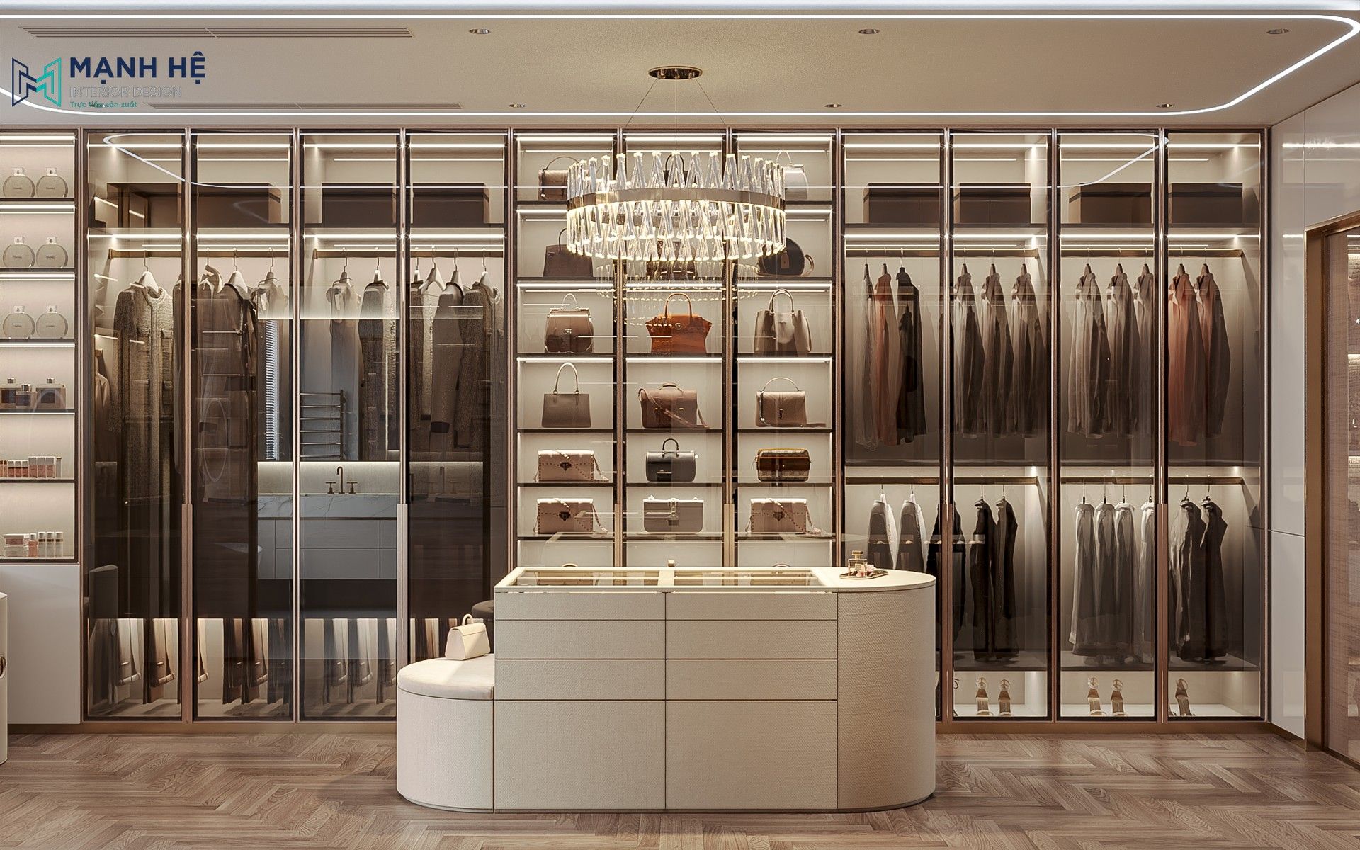 Thiết kế phòng thay đồ sang trọng với tủ quần áo cánh kính và đảo phụ kiện.