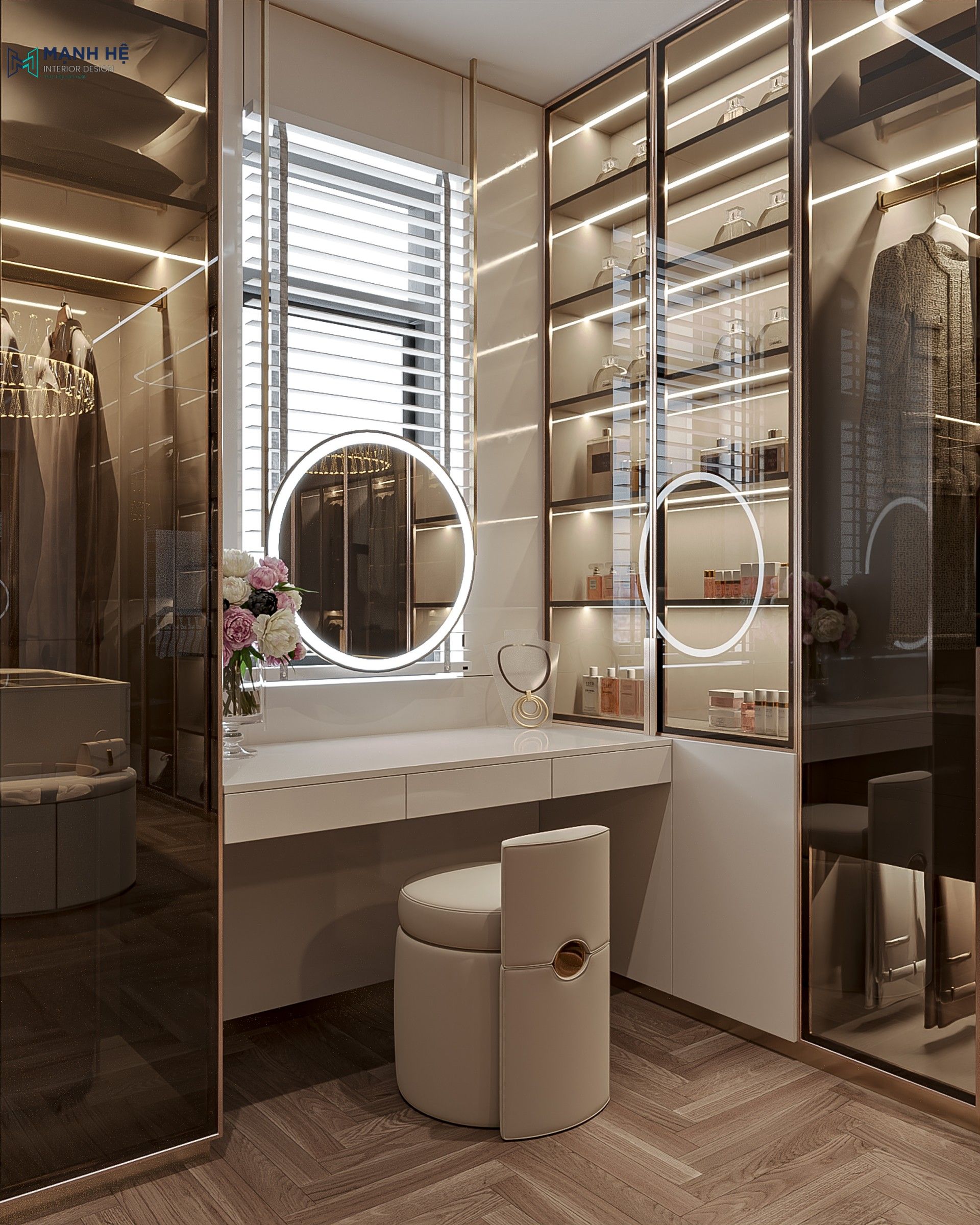 Khu vực bàn trang điểm hiện đại trong phòng thay đồ Master Amelia Villa.