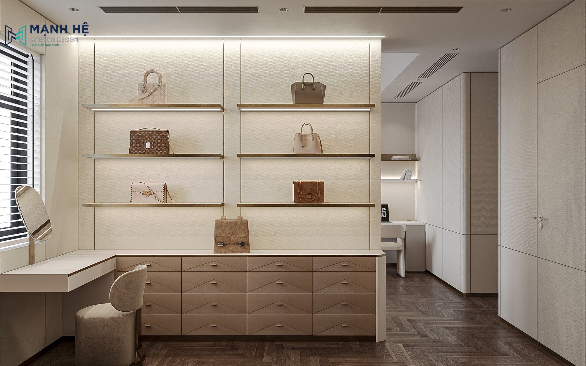 Hệ kệ trang trí túi xách và phụ kiện trong phòng thay đồ cho bé gái