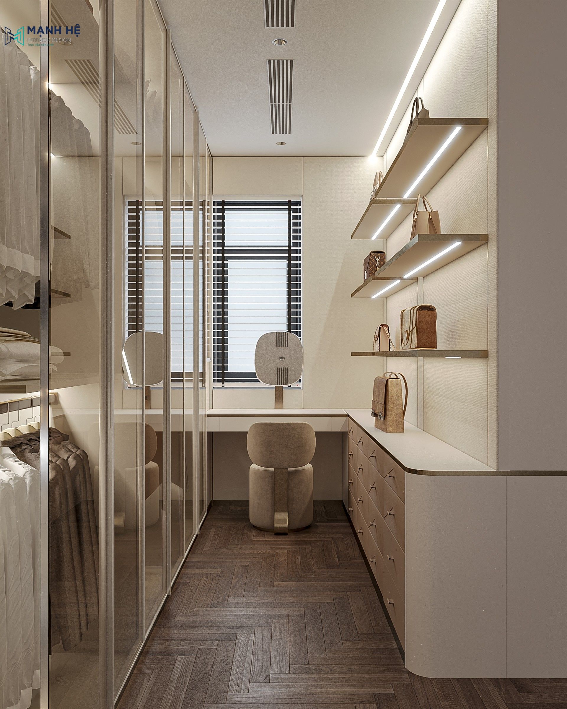 Thiết kế bàn trang điểm và kệ trưng bày túi xách trong phòng thay đồ bé gái Amelia Villa.