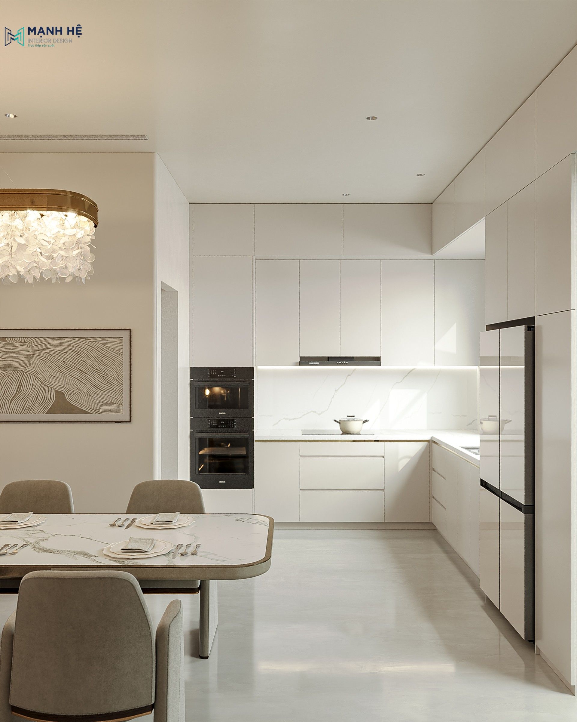 Thiết kế tủ bếp kịch trần hiện đại với đầy đủ công năng cho nhà phố Nhà Bè.