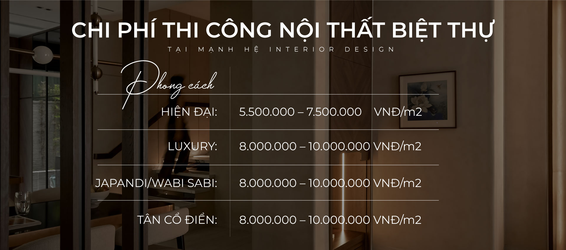 Bảng giá thi công nội thất biệt thự theo phong cách